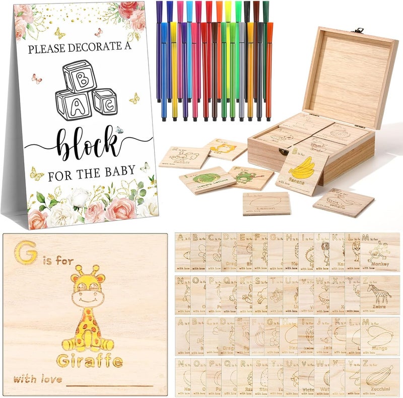 Marsui 78 Pcs Baby Shower Fun Decorate a Block Game Set 52 DIY ABC Letter Blocks 24 Watercolor Pen 1 Game Sign 1 Wooden Box with Hinged Lid for Gender Reveal Baby Shower Party Supplies (Flower) - Image 1